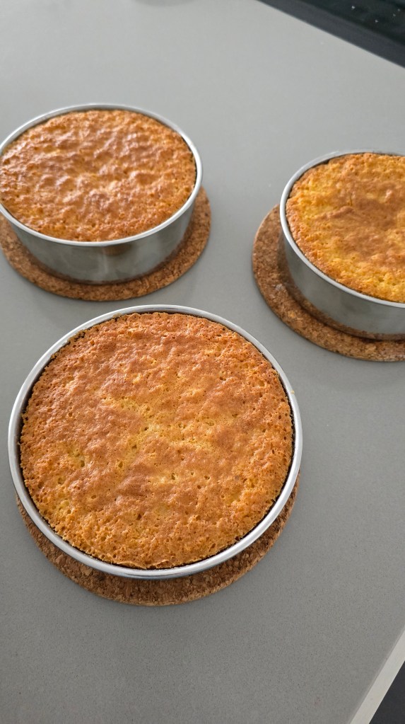 Three cake layers cooling in the cake pans after baking