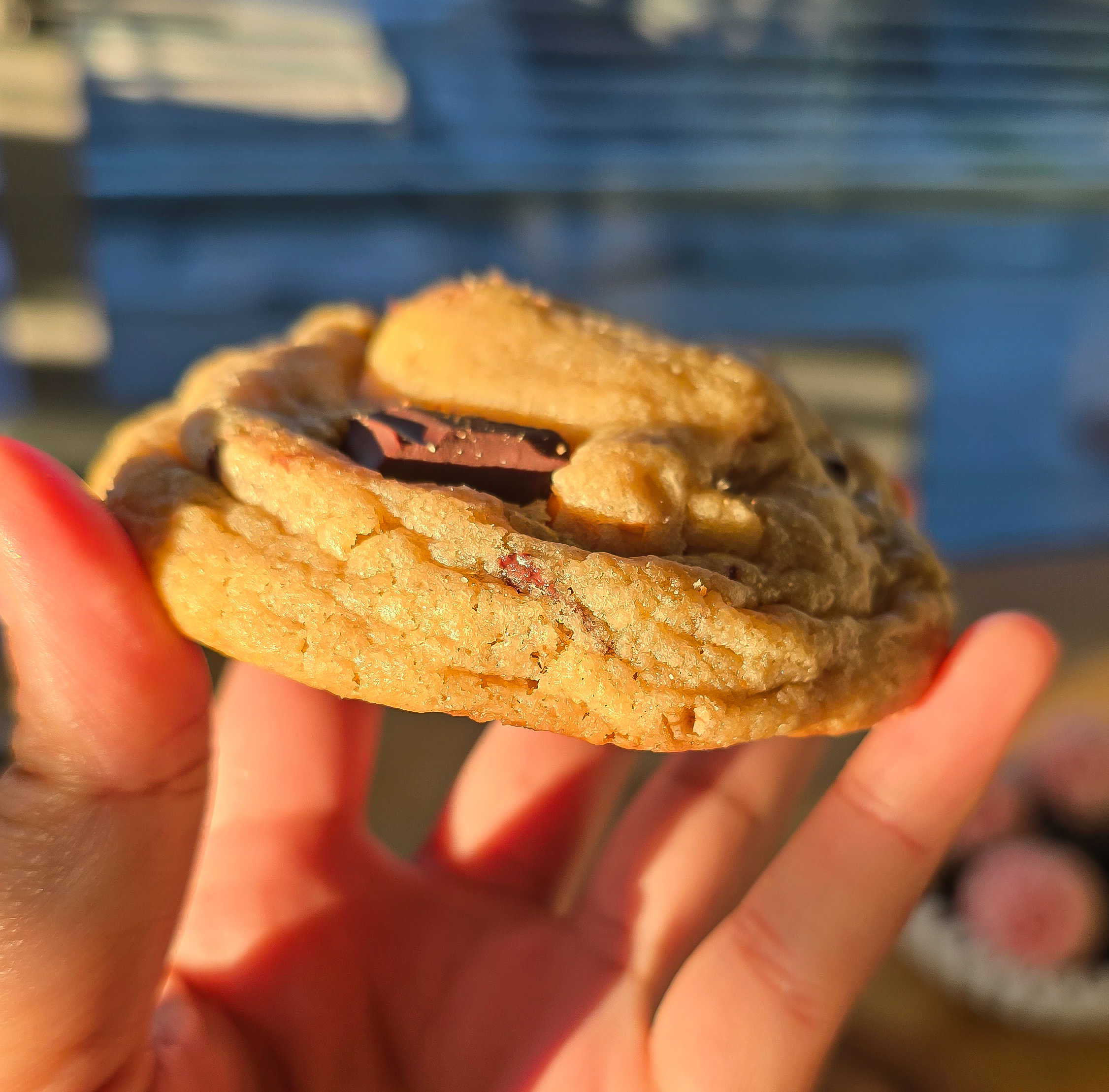 Thick and chewy chocolate chip cookie side 