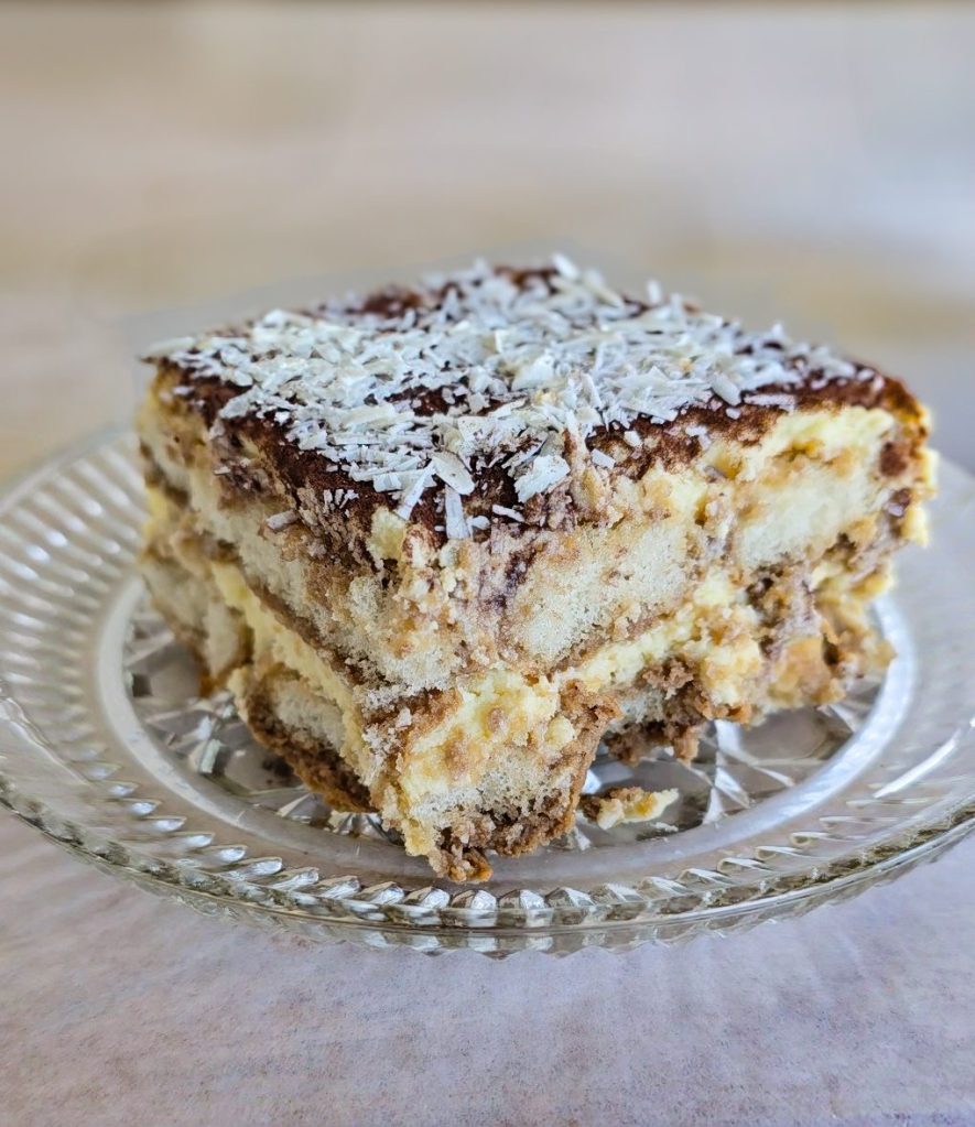 Slice of white chocolate and bailey's tiramisu