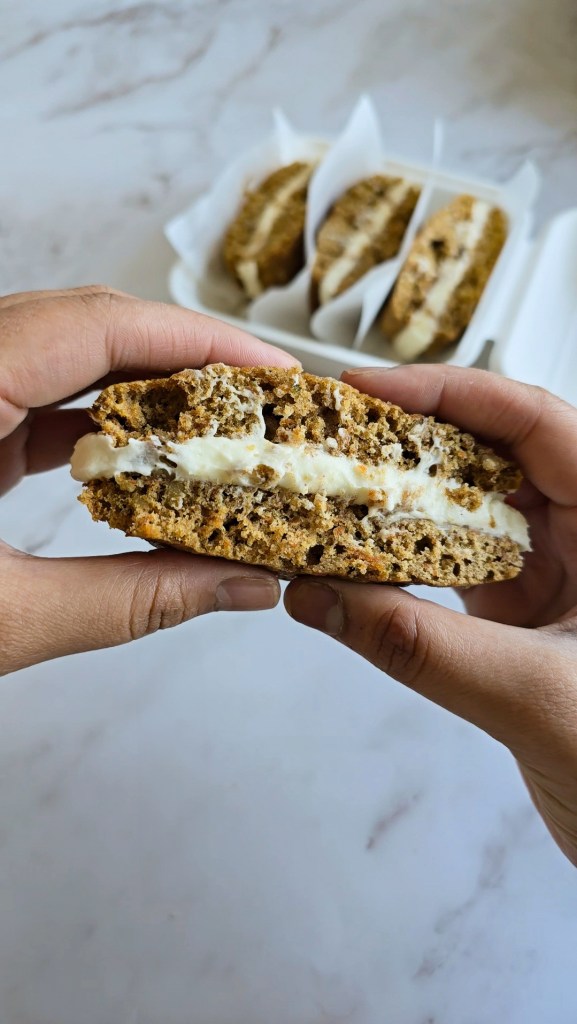 Carrot Cake Sandwich Cookie split in half