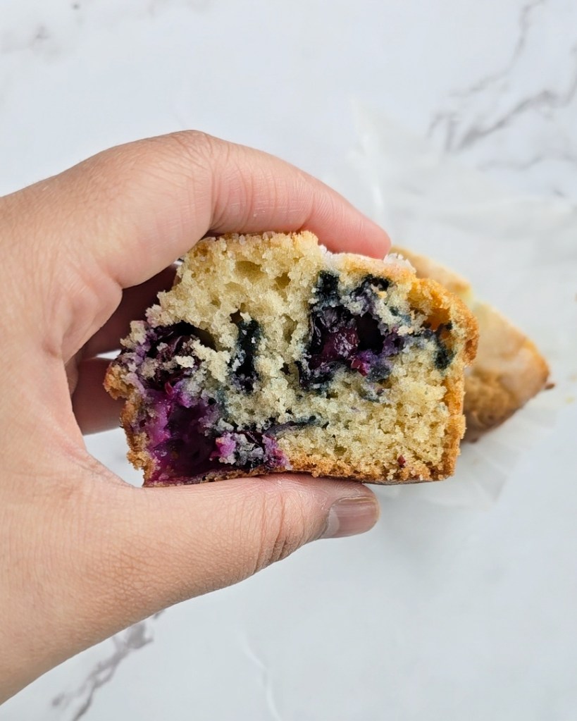 Inside of a blueberry muffin cross section