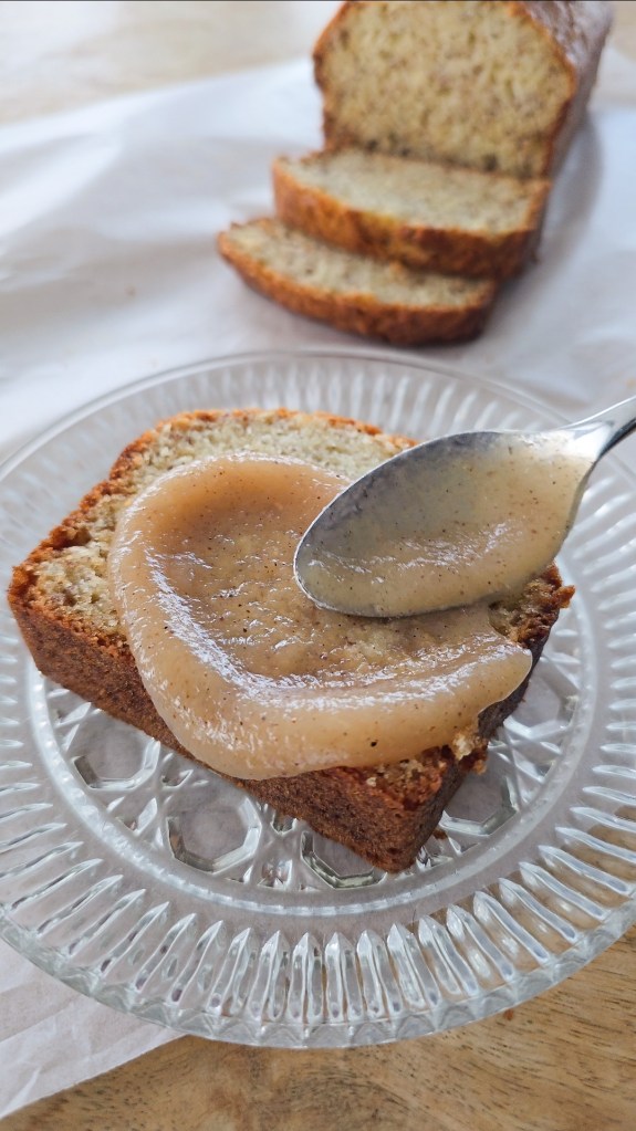 banana bread with spiced pear sauce